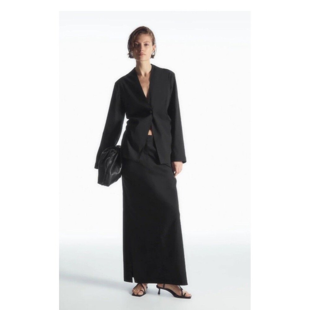 COS Tailored Linen-Blend Maxi Slit Skirt Size 8 Black Minimalist Classic NWT